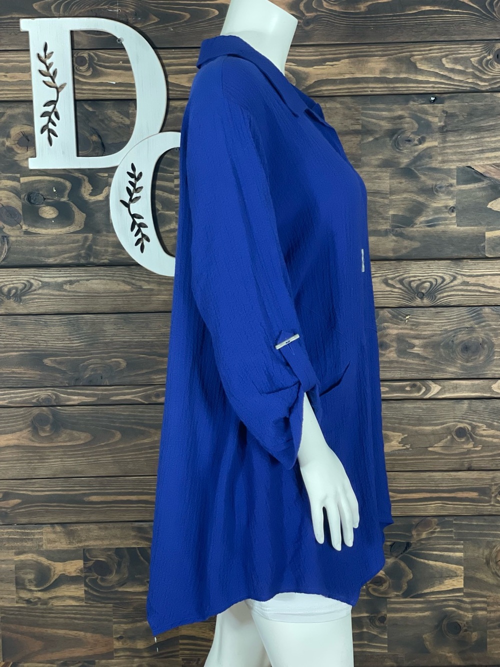 Soft Surroundings | Cobalt Blue Button-Front Collard Tunic Top Hanky Hem Silver - Picture 4 of 6
